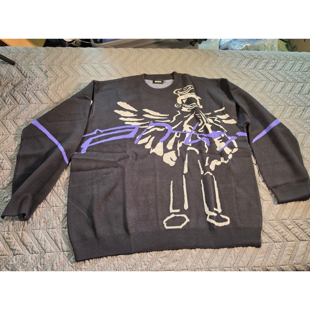 Sora Streetwear Graphic Knit Sweater Black Purple Cream 100% Cotton 3XL
